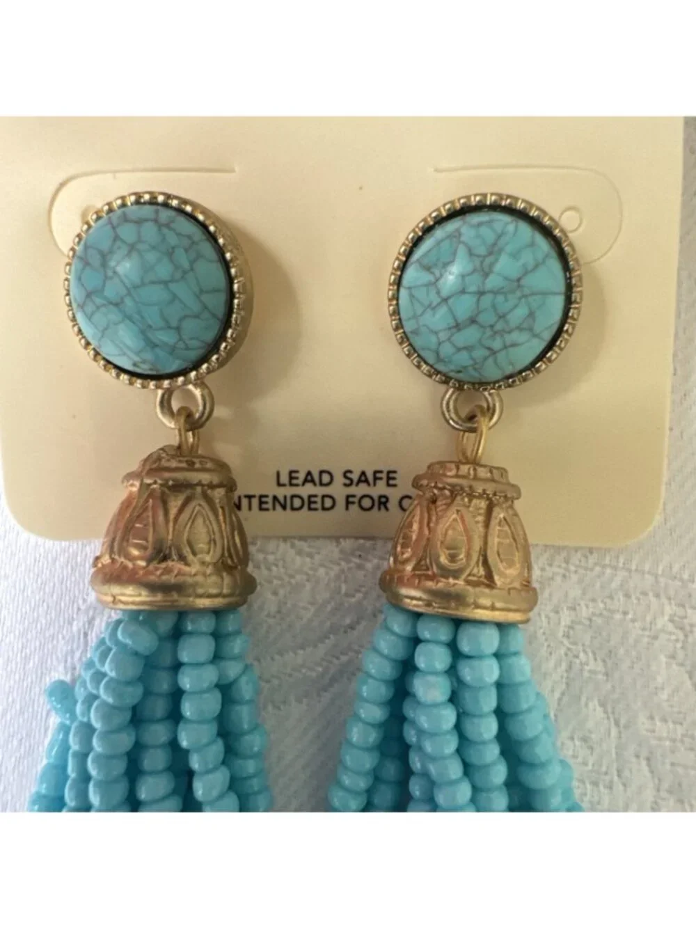 Colombus And Lovely Earrings Turquoise Blue Tassel Seed Bead GoldTone 3.5
